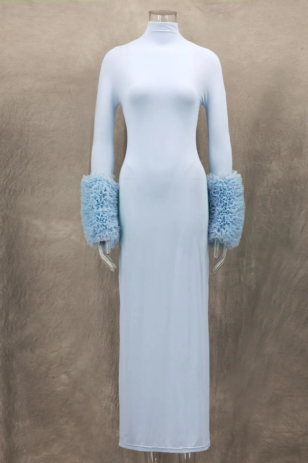 Ruffle Pleated Sleeve Blue Long Dress for Women