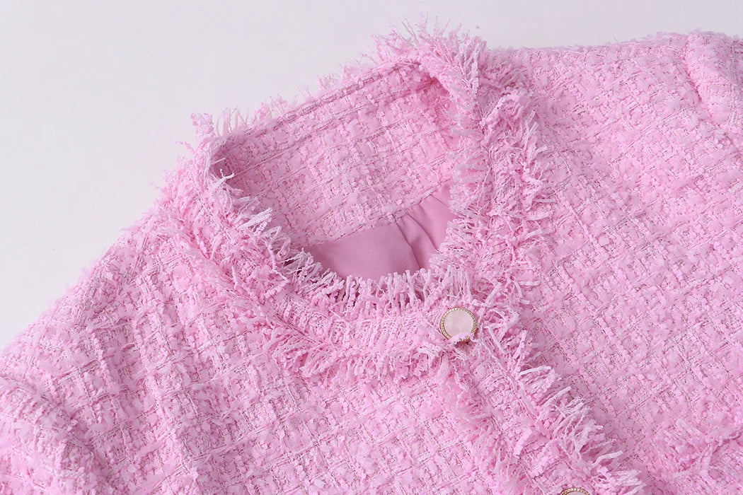 Pink Fringe Fur Shoulder Pad Tweed Blazer