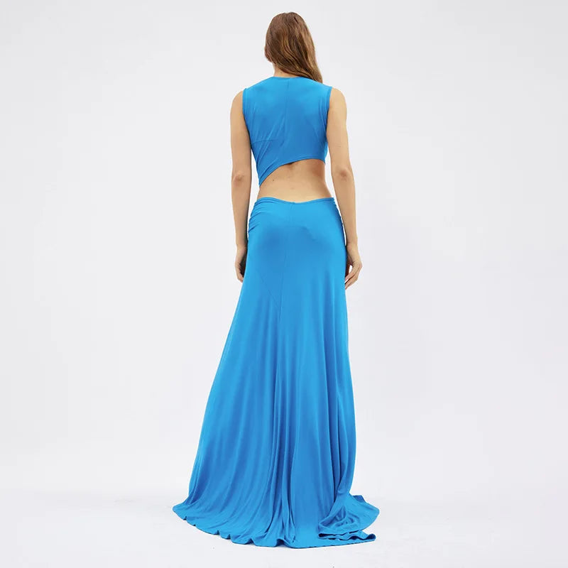 Deep V Cut Out Slit Asymmetrical Long Dress