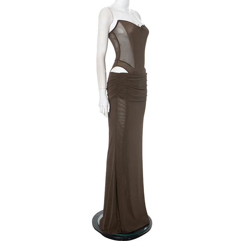 Brown Backless Corset Top Long Skirt Set