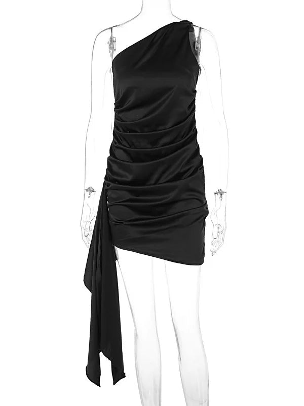 Satin Sleeveless One Shoulder Ribbon Mini Dress