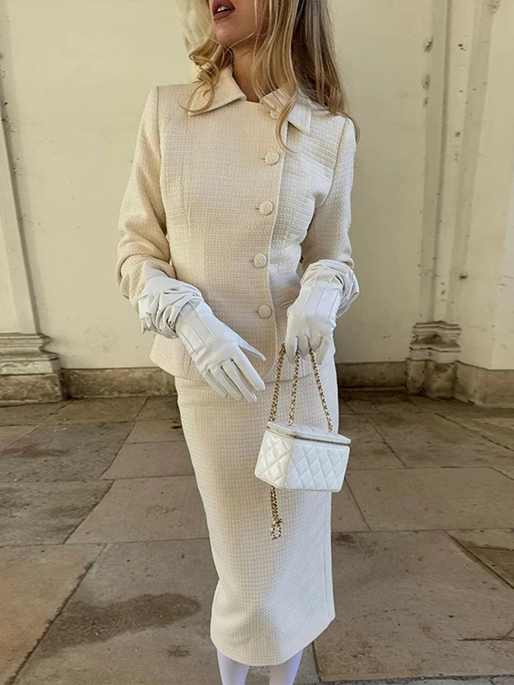 Solid Stand Collar Jackets and Skirts Suit