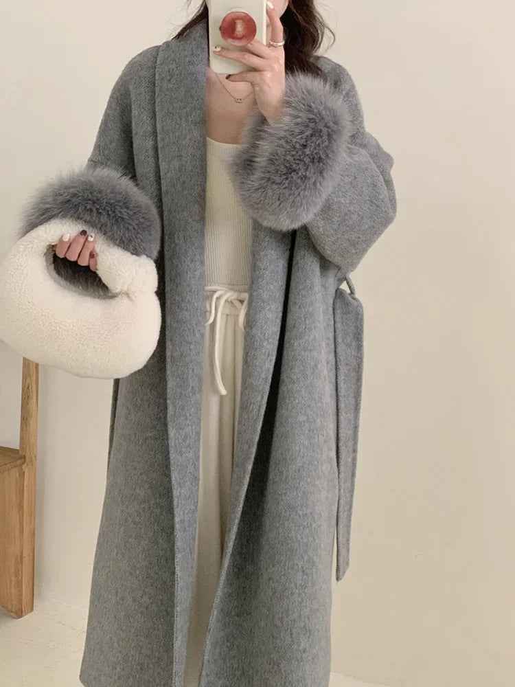 Lace-Up Fur Fluffy Lapel Long Sleeve Overcoat