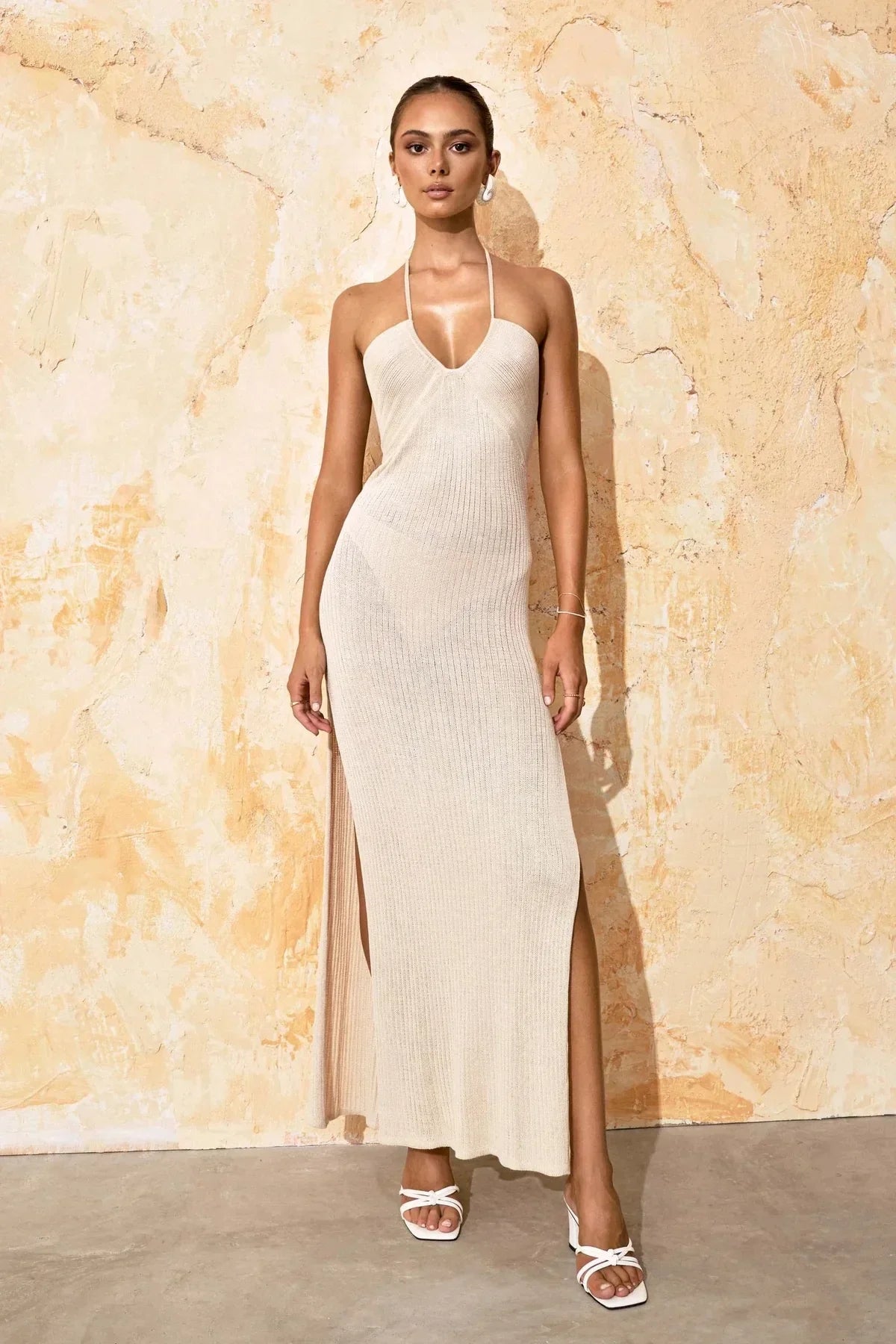 Solid Backless Halter Knit Slit Maxi Dress