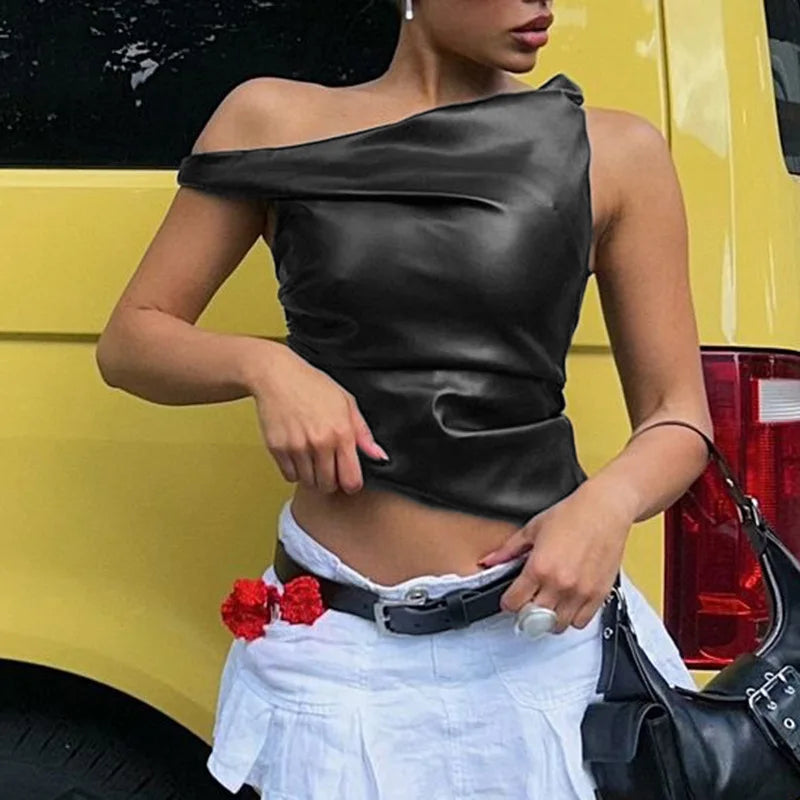 Skew Collar Leather Pleated Top
