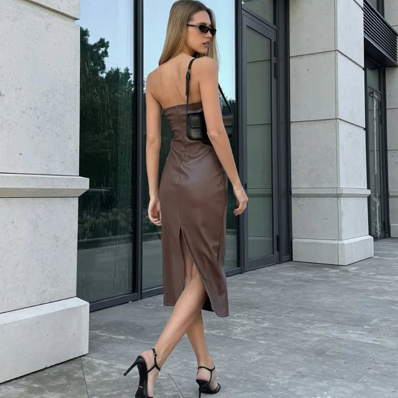 Strapless Slit Patchwork Faux Leather