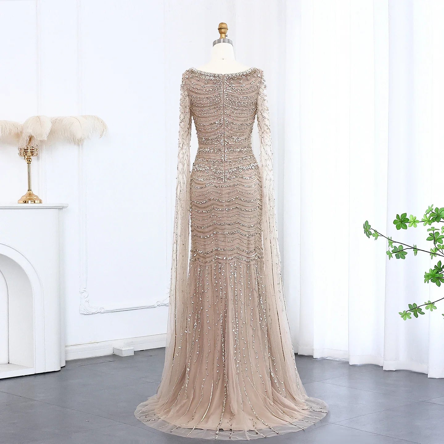 Caramel Square Neck Mermaid Evening Dress Cape Sleeves