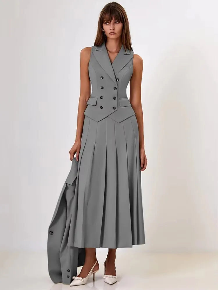 Notched Collar Pleated Skirt Suit Two Piece Sets