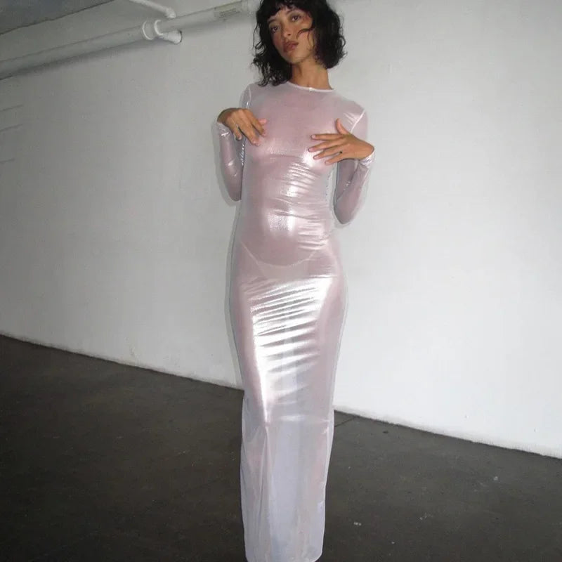 O-neck Full Sleeve Solid Color Mesh Dress