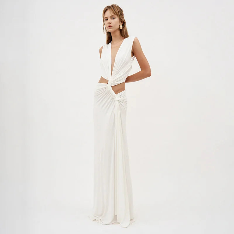 Deep V Cut Out Slit Asymmetrical Long Dress