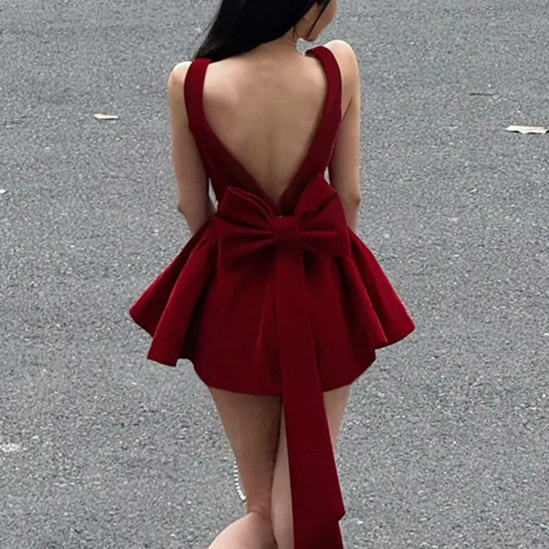 Red Bow Dress A Line Spaghetti Straps Backless