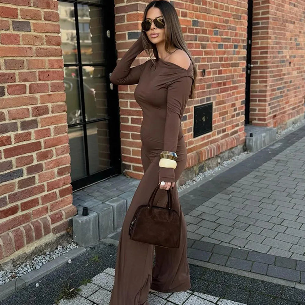One Shoulder Flare Sleeve Top Long Pant Suit