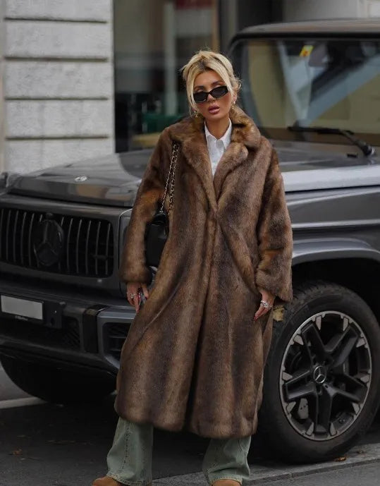 Faux Fur Lapel Fluffy Plush Warm Coat