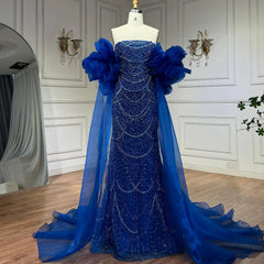 Trägerloses Meerjungfrauen-Abendkleid mit Perlenbesatz und Puffärmeln 