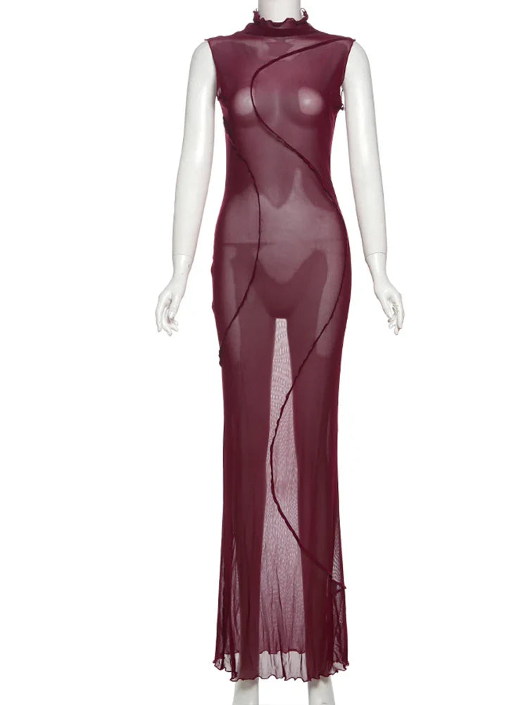 Mesh Sheer Sleeveless Stand Collar Maxi Dress