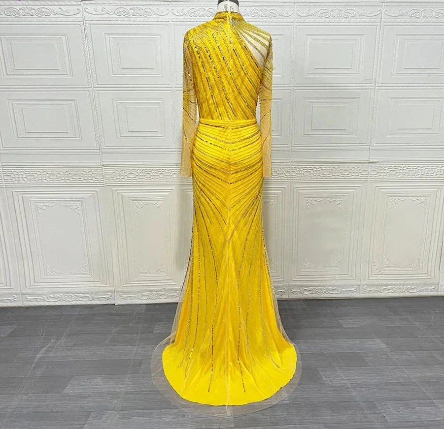Yellow Mermaid Beading High-Neck Long Sleeves Handmade Gowns