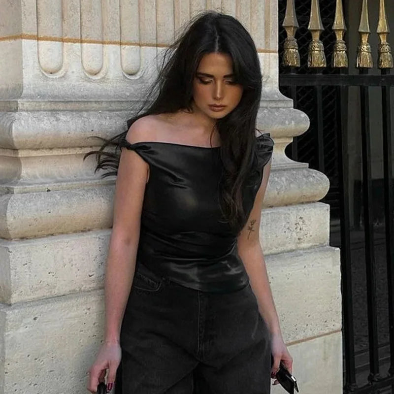 Skew Collar Leather Pleated Top