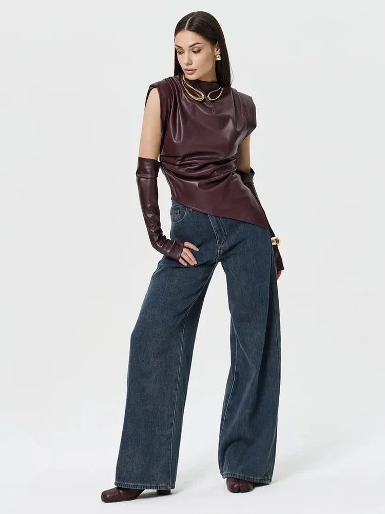 Faux Leather Folds Crop Tops With Gloves