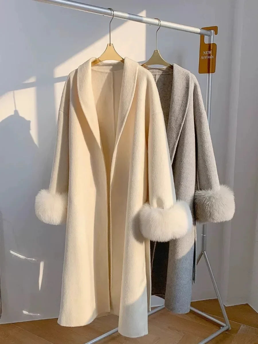 Lace-Up Fur Fluffy Lapel Long Sleeve Overcoat