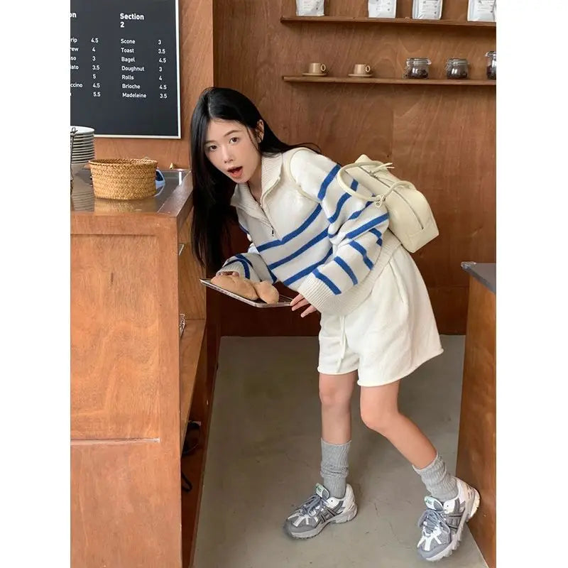 Blue Stripe Zipper Mock Neck Pullover