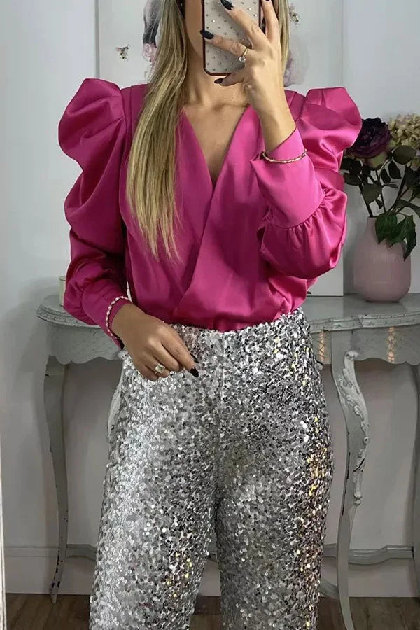 Satin Puff Long Sleeve Pleated Ruffled Tops