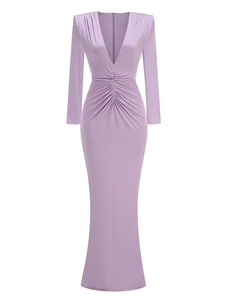Folds Design Long Sleeve Pleated Maxi Dress