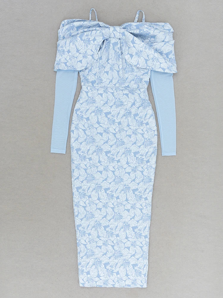 Sky Blue Mesh Sleeve Floral Dress