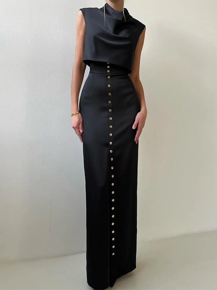 Sleeveless Top Suit With Front Split Skirt