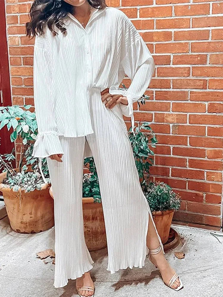 2 Piece Set Blouse Tops and Split Wide Leg Pants