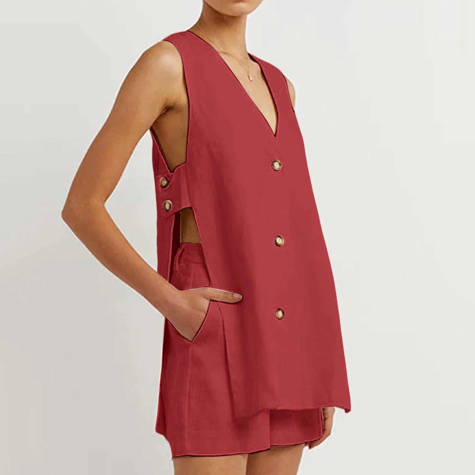 Hollow Button Long Top Elastic Waist Shorts Suit