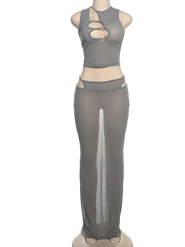 Solid Hollow Out Ankle-Length Skirt Suit