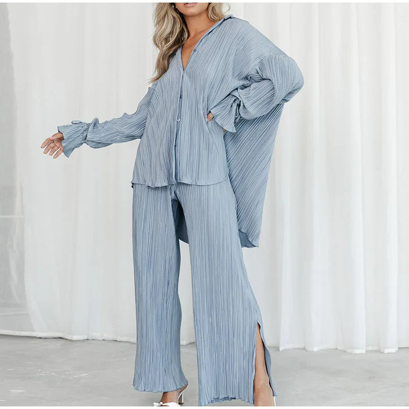 2 Piece Set Blouse Tops and Split Wide Leg Pants