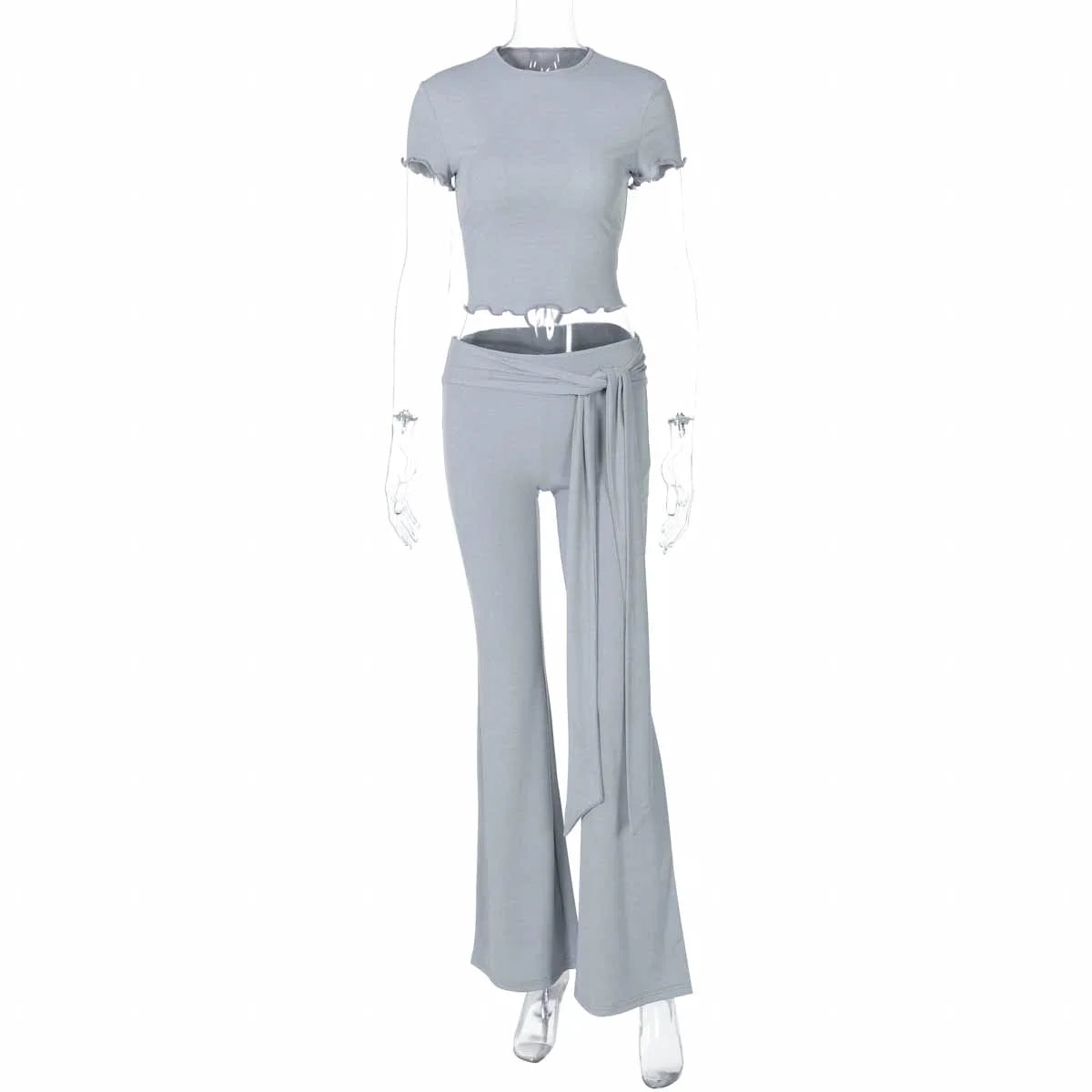 Lace-Up Navel Short Sleeve Top and Long Pants Set