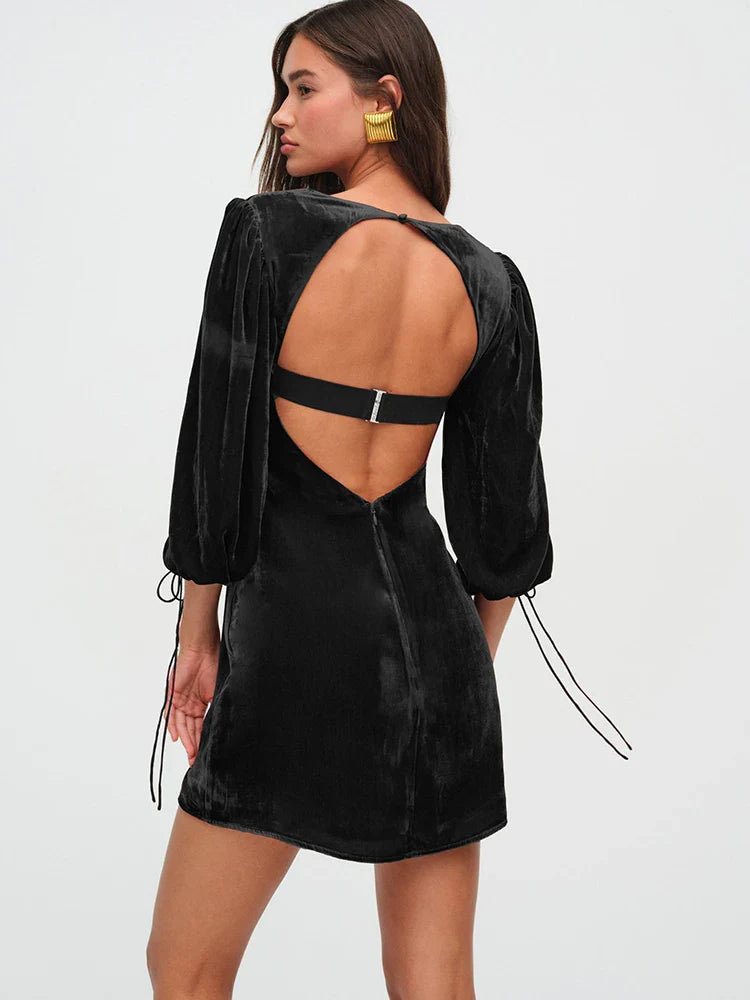 Backless Lace Up Long Sleeve Dress