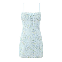 Flower Print Lace Bow Slash Collar Mini Dress