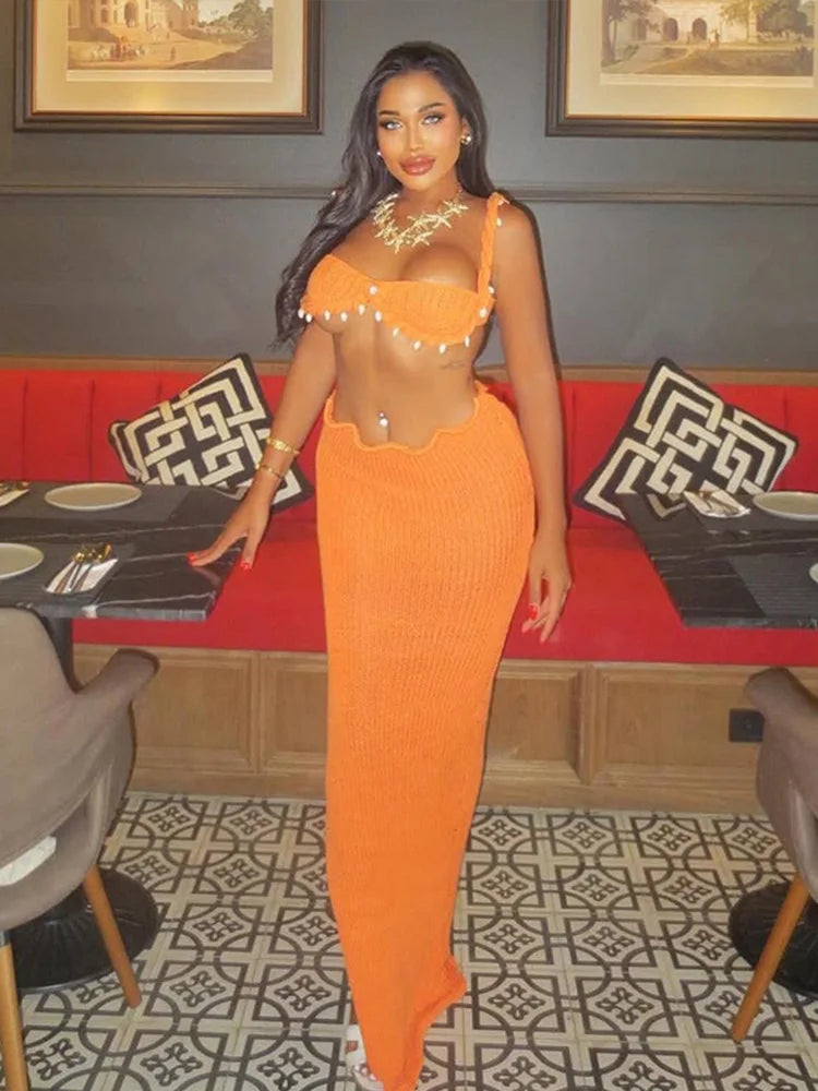 Shell Crop Tops Suit With Split Long Skirt