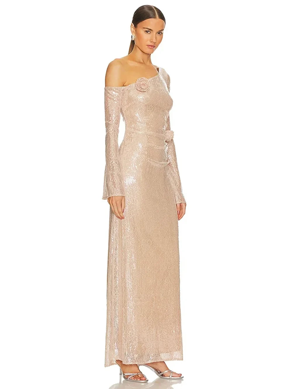 Mesh Sequin 3D Flower Long Sleeve Bodycon Maxi Dress
