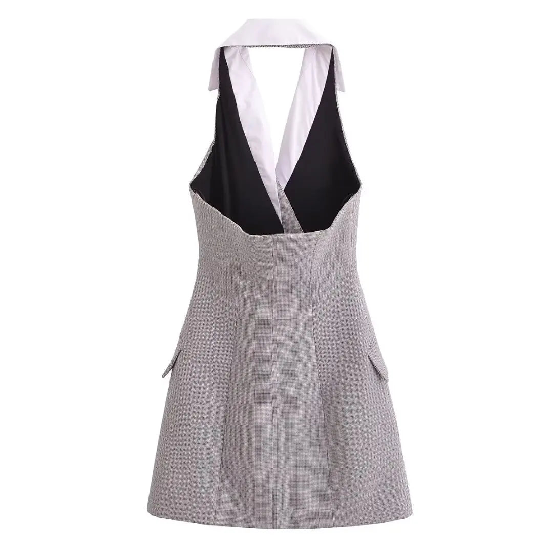 Plaid Halter Sleeveless Button Dress