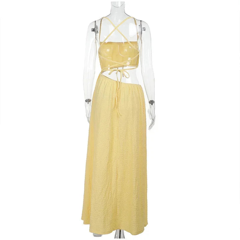 Lace Up Solid Color Open Back Long Dress