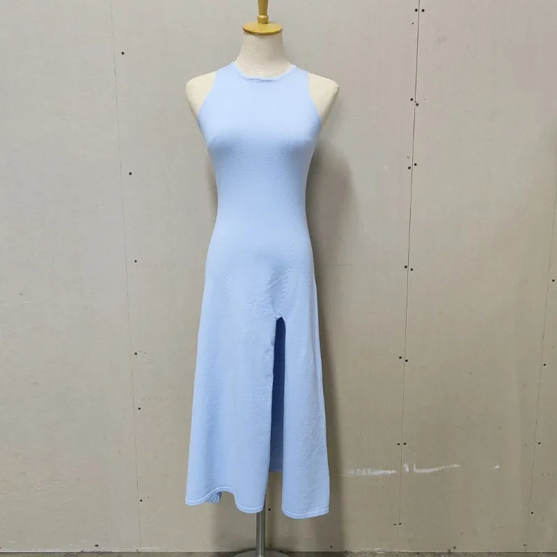 Knit Slit Solid High Waisted Vacation Dresses