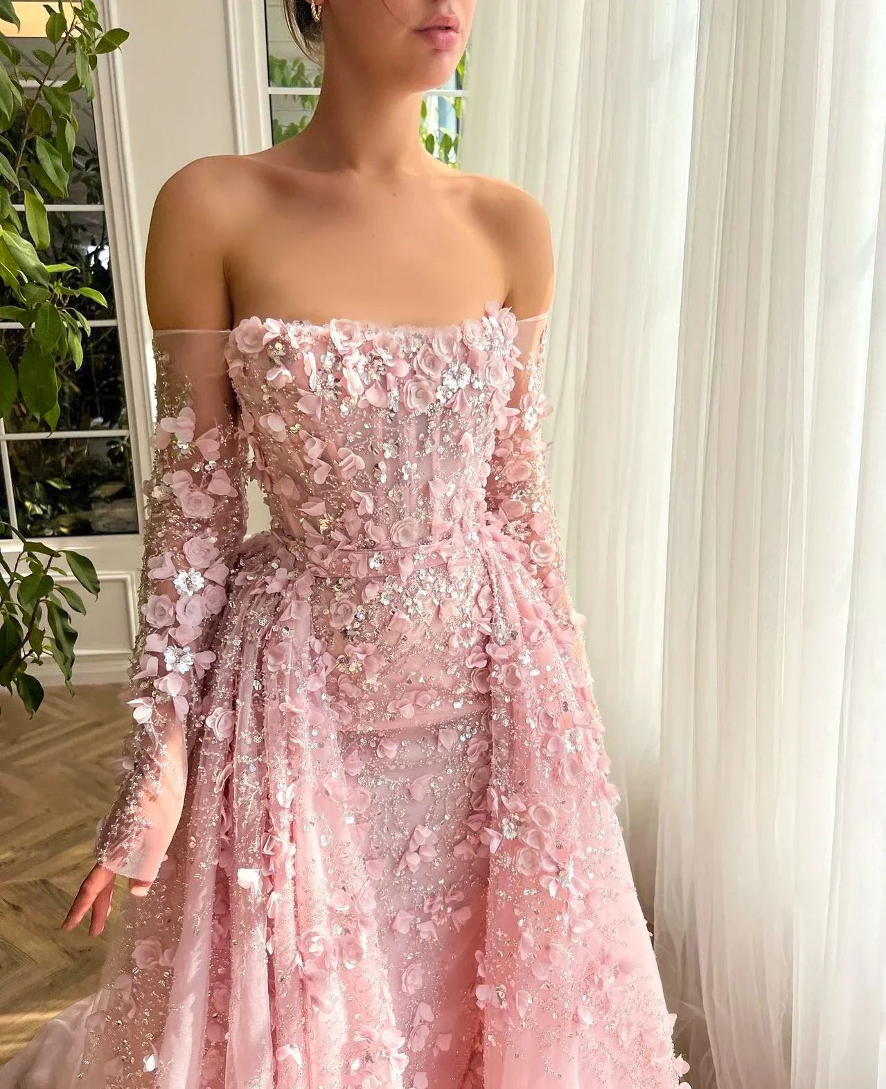 3D Floral Pink Evening Gown with Overskirt