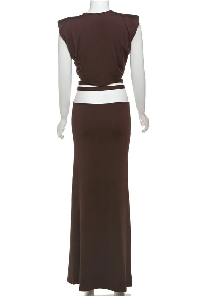 Brown Slash Neck Ankle-Length Skirt Suit