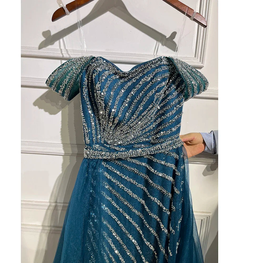 Boat Neck Split Mermaid Elegant Beaded Gowns