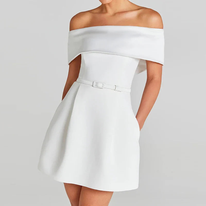 Belt Patchwork Short Sleeve Off The Shoulder Dress