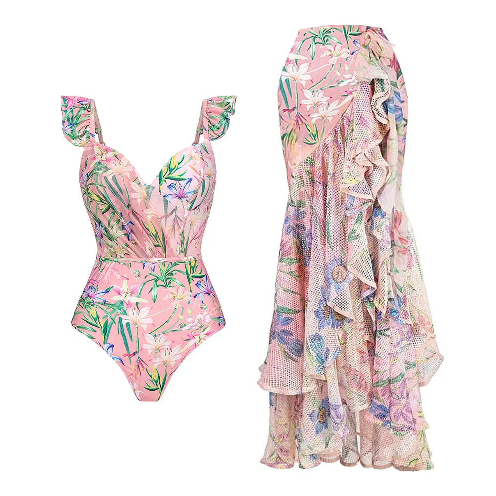 One Piece Swimsuit Floral Ruffle Printed Push-Up Bikini Set