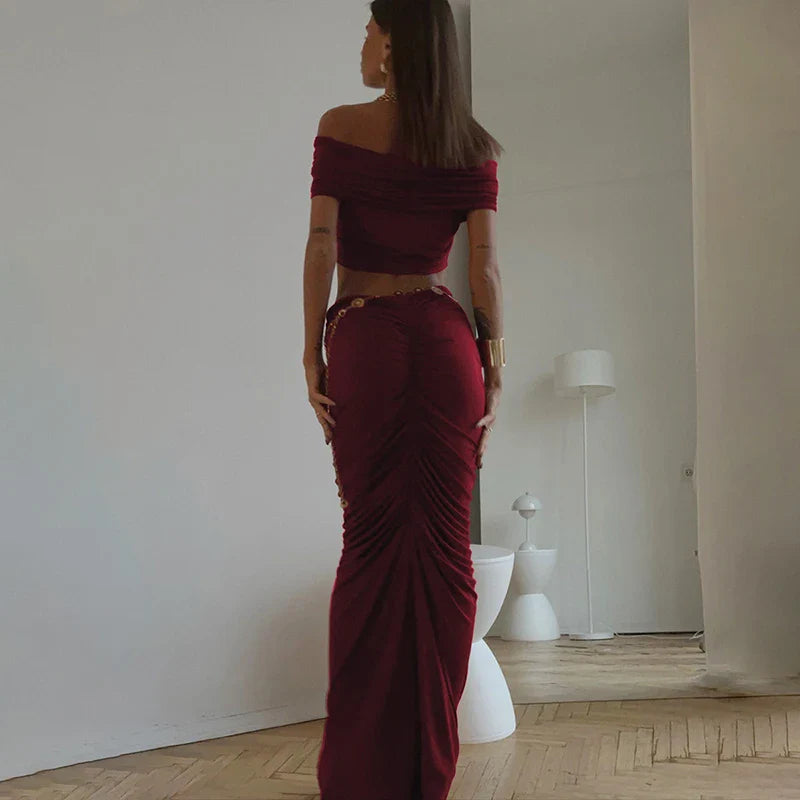 Off-shoulder Crop Top And Long Skirt Suit