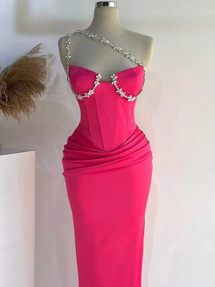 Rose Red Diamond One Shoulder Midi Dress
