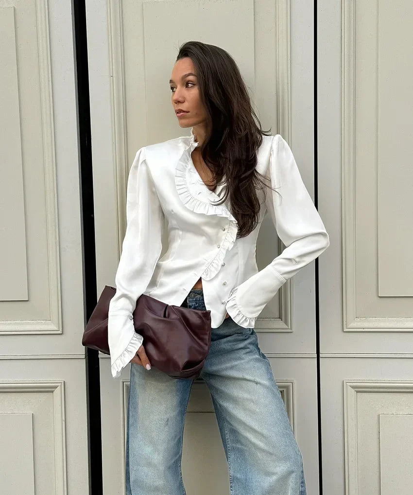 Women's White Ruffled Sleeve Cardigan Patchwork Blouse