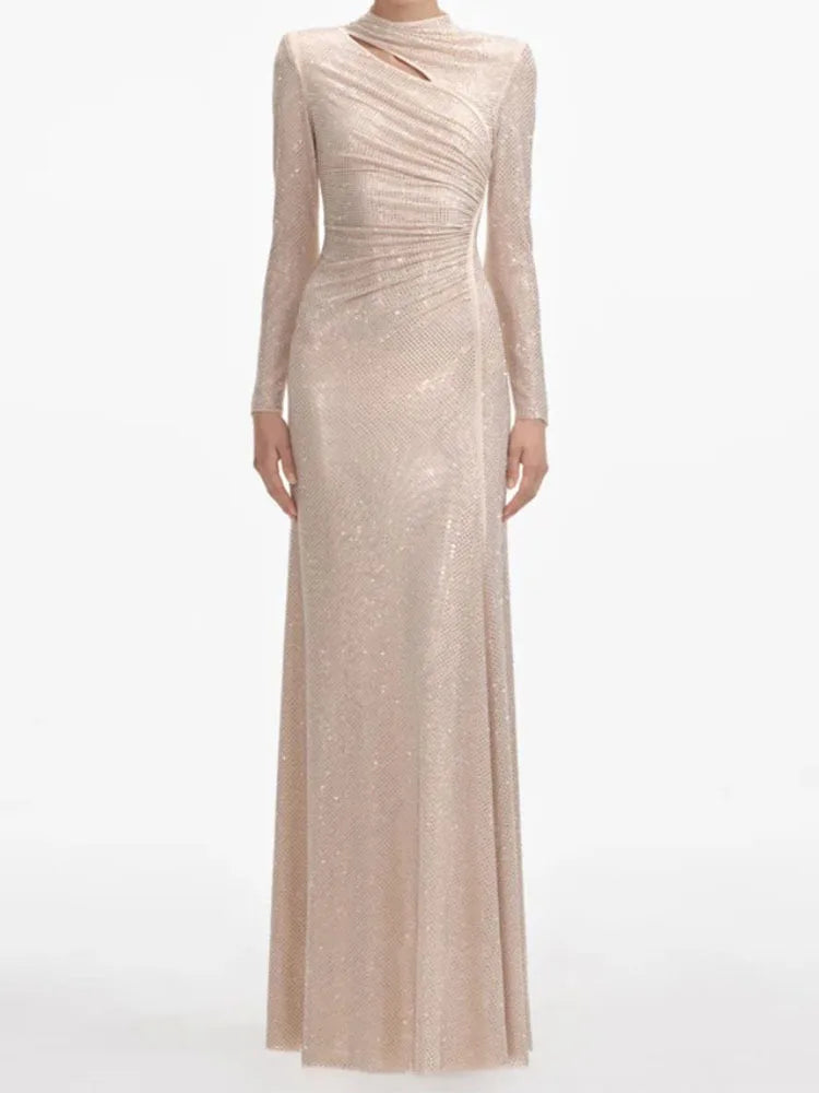 Pleated Diamond Asymmetrical Long Dress