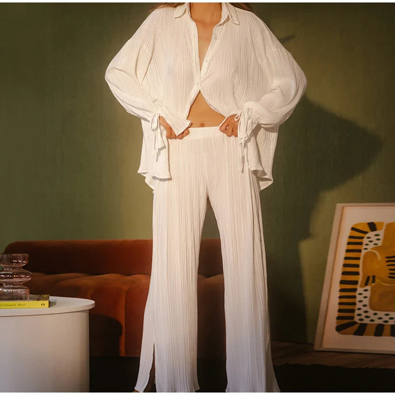 2 Piece Set Blouse Tops and Split Wide Leg Pants